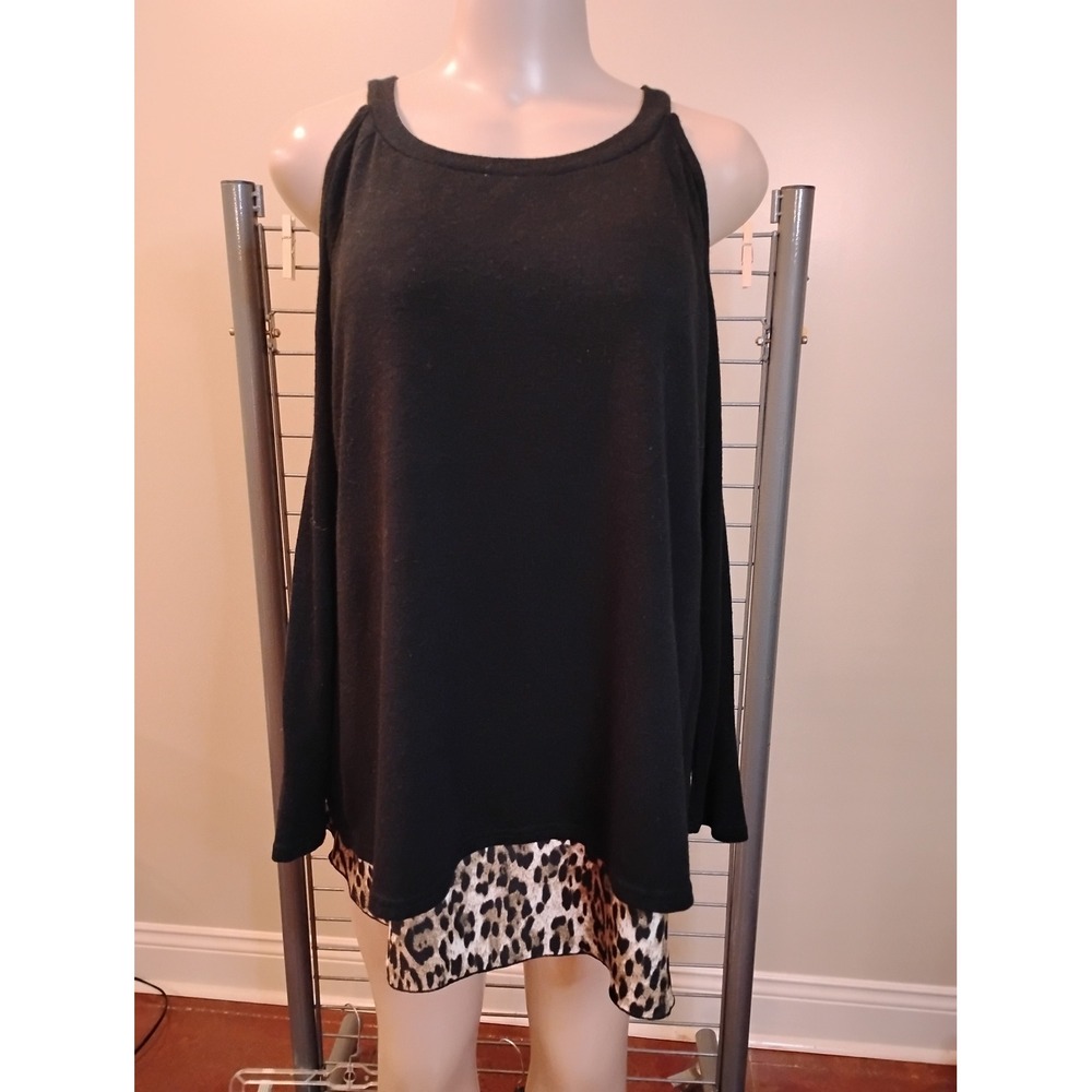 Yoins Black Cold Shoulder Top Leopard Print Split Back Long Sleeve Large